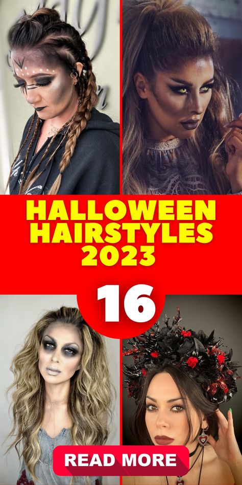 Halloween hairstyles 2023 are all about embracing the spooky season with easy and creative hair ideas suitable for both short hair and long, curly locks. Whether you're getting ready for school, work, or a night of Halloween festivities, our simple hairstyles will help you achieve the perfect look. Transform into a pirate, angel, fairy, vampire, or cat with hairstyles that are fun and spooky. Dive into the spirit with ghost buns Zombie Hair And Makeup, Witch Hairstyles Halloween Easy, Gothic Half Up Half Down Hair, Vampire Halloween Hairstyles, Vampire Updo Hairstyles, Easy Halloween Hairstyles For Women, Halloween Hair Styles For Women, Halloween Updos Hairstyles, Horror Hairstyles