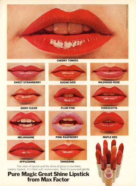 When the "new generation" embraced the wet look and went with wild, bold colors - it was an exciting time for lips.  Let's have a look... Max Factor Lipstick, 1970s Makeup, Vintage Makeup Ads, Patti Hansen, 70s Makeup, Makeup Ads, Retro Makeup, Retro Beauty, Color Lipstick