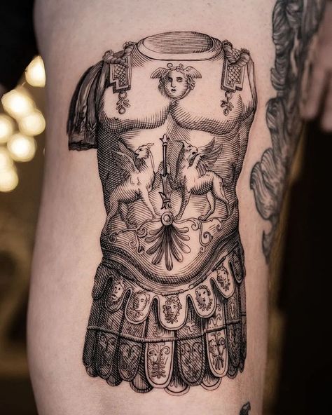 Tenis Photography, Historical Tattoos, Hand Tattoo Designs, Roman Tattoo, Etching Tattoo, Roman Armor, Woodcut Tattoo, Medieval Tattoo, Engraving Tattoo