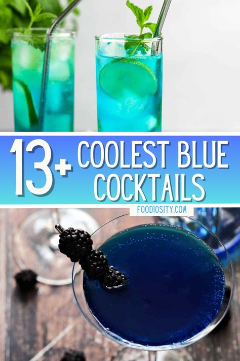 Explore this list of vibrant blue cocktails, and pick out your favorite for the upcoming warm season. Dark Blue Alcoholic Drinks, Dark Blue Cocktails Drink, Blueberry Lemondrop Cocktail, Career Themed Cocktails, Blue Cocktails Aesthetic, Blue Batch Cocktails, Police Themed Alcoholic Drinks, Dark Blue Cocktails, Blue Shots Alcohol