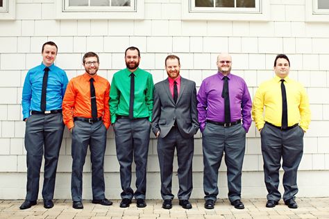 joeguys2 Multicolor Groomsmen Attire, Groomsmen Different Color Bowties, Alternating Bridesmaids And Groomsmen, Rainbow Groomsmen, Rainbow Wedding Bridesmaids, The Rainbow Connection, Rainbow Wedding Theme, Bridal Party Groomsmen, People Portraits