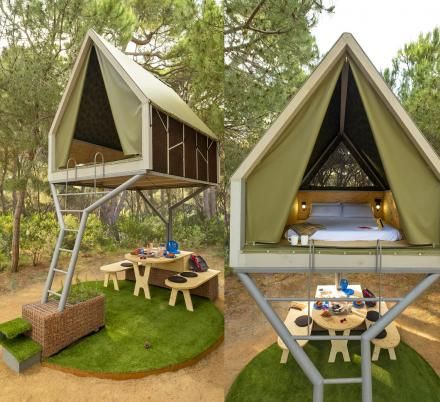 This Elevated Mini Cabin Creates a Covered Shelter Area Below It Mini Cabins, Mini Cabin, Tenda Camping, Tree Tent, Camping Shelters, Tree House Diy, House Tent, Tree House Designs, Unique Gadgets