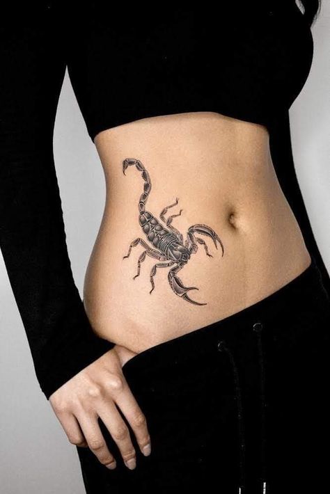 Scorpio Stomach Tattoo, Scorpio Tattoo Stomach, Hip Tattoos Women Scorpion, Scorpio Tattoo On Stomach, Women Scorpio Tattoo, Scorpion Tattoo Thigh, Scorpio Hip Tattoo, Girly Scorpion Tattoo, Scorpio Tattoo Aesthetic