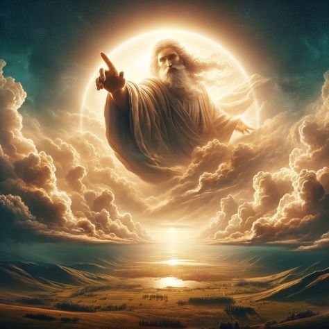 A majestic and divine figure, perceived as God, envelops the sky above a serene landscape. This celestial being extends a grand, ethereal finger towards the viewer from amidst the clouds, conveying a sense of direct communication and guidance. The scene is imbued with a warm, heavenly glow, emphasizing the divine connection between the heavens and the earthly realm. The landscape below is... Doctor Background, Heavenly Pictures, Mythical Gods, Devine Intervention, Blessed Wallpaper, Cloud Of Witnesses, Sky God, Jesus Love Images, Celestial Being