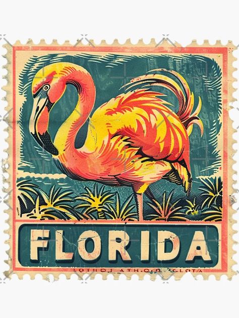 "Vintage Florida Flamingo Stamp Design" Sticker for Sale by tiigerdad | Redbubble Florida Flamingo, Vintage Flamingo, Yearbook Themes, Florida Design, Upcycled Art, Vintage Postage Stamps, Vintage Postage, Travel Stickers, Vintage Florida