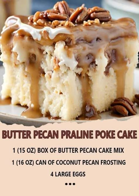 Louisiana Cajun Cooking And Recipes | Butter Pecan Praline Poke Cake  | Facebook Louisiana Recipes Dessert, Cajun Dessert Recipes, Cajun Desserts, Pecan Praline Poke Cake, Butter Pecan Praline Poke Cake, Praline Poke Cake, Pecan Praline Cake, Pecan Frosting, Praline Cake