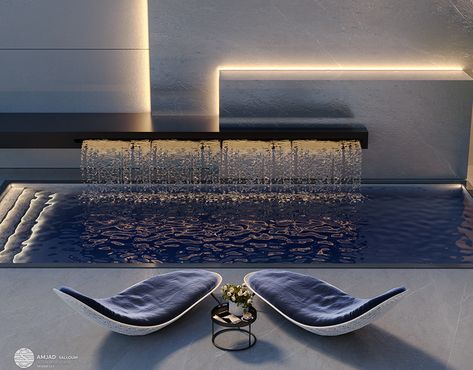 Design Swimming Pool Out Door on Behance Water Body In House, Swimming Pool Fountains, Wall Cladding Designs, Indoor Pool House, Pool Plants, Indoor Swimming Pool Design, Water Fountain Design, Indoor Pool Design, Pools Backyard Inground