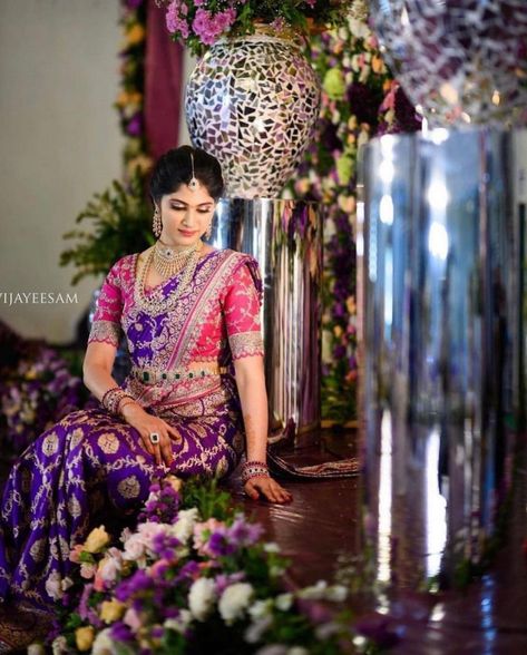 South Indian  Bridal saree designs Purple Saree Bride, South Indian Wedding Look, Wedding Pink And Purple, Indian Wedding Look, Pastel Saree, Benaras Sarees, Wedding Saree Designs, Saree Colours, Red Saree Wedding