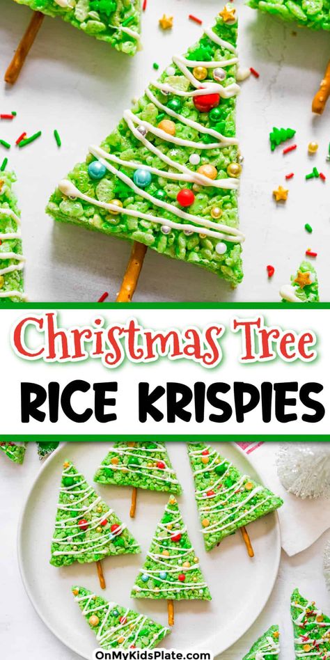 Tall close up image of a green rice krispie treat decorated to look like a Christmas tree with more rice krispie treats on a plate below and text title overlay in the middle. Tree Rice Krispie Treats, Rice Crispy Treats Christmas, Rice Krispie Christmas Trees, Krispie Treats Christmas, Rice Krispie Treats Christmas, Christmas Rice, Xmas Treats, Easy Christmas Treats, Krispie Treats Recipe