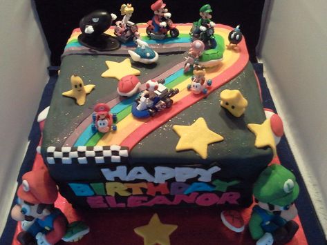 Rainbow Road Cake, Mario Kart Rainbow Road, Cake Mario, Mario Kart Cake, Road Cake, Mario Kart Birthday, Mario Brothers Birthday Party, 7th Birthday Cake, Mario Birthday Cake