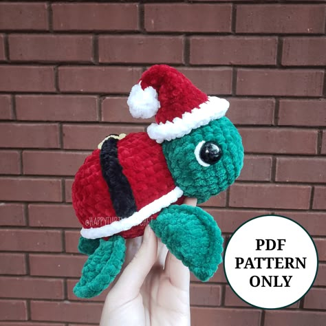 **This is for a PDF download PATTERN ONLY** This is a downloadable PDF pattern, this is NOT a physical item. **Non-refundable** Please do not copy or redistribute any part of this pattern as your own. However, please feel free to sell your finished products made using this pattern! Skill Level: Beginner Meet this adorable Santa Christmas Turtle! This is the perfect pattern to make a fun Christmas gift, decoration, or just a huggable friend. The pattern is beginner friendly, but it is not a tutor Christmas Turtle Crochet Pattern Free, Free Crochet Christmas Patterns Simple, Crochet Christmas Ornaments Tutorial, Crochet Christmas Stuffies, Diy Small Christmas Gifts, Crochet Turtles, Christmas Turtle, Christmas Crochet Patterns Free, Crochet Christmas Gifts