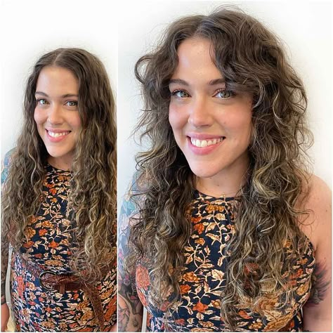 21 Best Ways to Get Curtain Bangs for Curly Hair Right Now Light Curtain Bangs Curly Hair, Long Curtain Bangs Curly Hair Natural, Lob With Curtain Bangs Curly Hair, Perm Curtain Bangs, Naturally Wavy Curtain Bangs, Natural Curly Curtain Bangs, Naturally Wavy Hair With Curtain Bangs, Curtain Bangs On Curly Hair Long, Long Hair With Layers And Curtain Bangs Curly