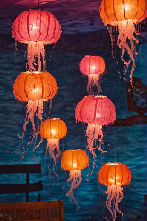 Top 15 Under The Sea Decorations DIY [Easy To Make] – craftydiyers.com Diy Sea Party Decorations, Diy Crab Decorations, Seaweed Decorations Diy, Homemade Beach Decor, Under The Sea Banquet, Jellyfish Diy Decorations, Deep Sea Decor, Diy Coral Reef Decorations, Under The Sea Decorations Diy