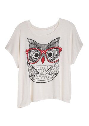 I have one with a black shirt, white owl and pink glasses :) I have matching pink sunglasses to wear with it. Owl With Glasses, Owl Clothes, Owl Graphic, Owl Shirt, Owl T Shirt, Graphic Tee Design, Graphic Tops, Top Graphic Tees, Graphic Shirt