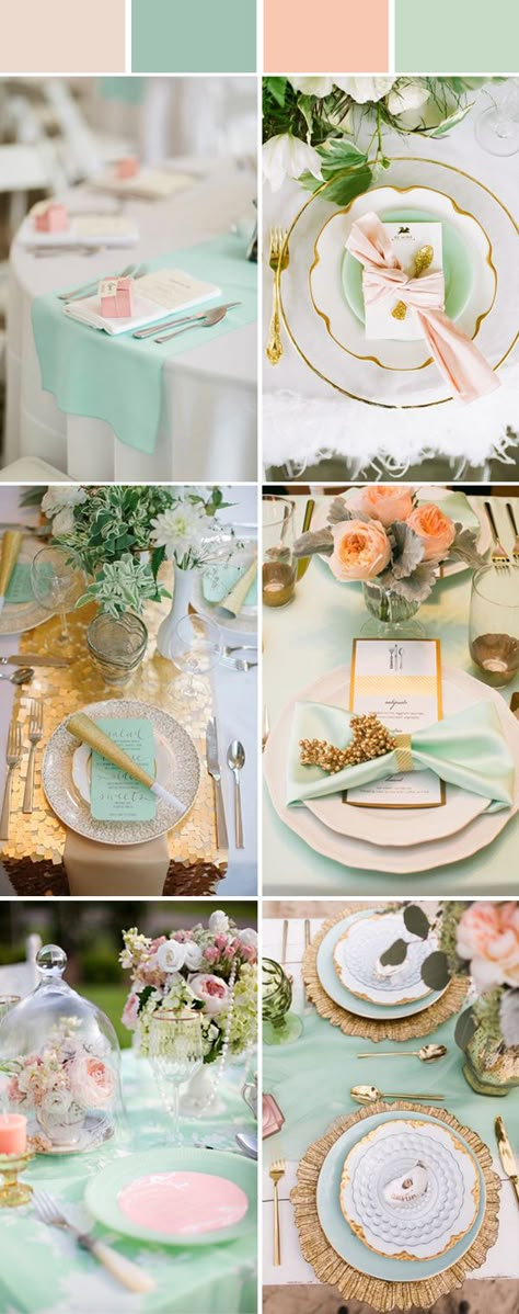 elegant peach and mint wedding table setting ideas Peach And Mint Wedding, Table Settings Ideas, Wedding Table Pink, Wedding Table Setting, Elegant Wedding Centerpiece, Wedding Mint Green, Table Setting Decor, Setting Ideas, Elegant Table Settings