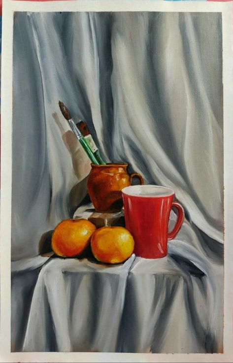 Still life in Beautiful drapery with orange,cup and brushes Still Life Drawing With Drapery, Drapery Painting Still Life, Still Life With Fabric, Still Life With Oranges, Still Life Drawing Acrylic, Painted Still Life, Digital Painting Still Life, Still Life Drawing Watercolors, Watercolor Paintings Still Life