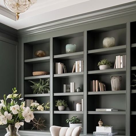 Dark Green And Gold Office, Moody Office Bookshelves, Moody Feminine Office, Built In Office Desk And Cabinets Green, Hunter Green Built In Bookcase, Dark Green Built Ins, Dark Gray Office Built Ins, Dark Gray Built In Bookshelves, Moody Green Office