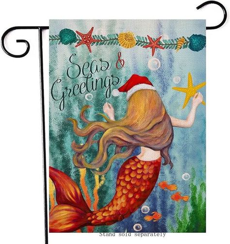 Garden flag with mermaid and slogan Seas and Greetings - Beach Christmas Seahorse Decor, Decorative Flags Outdoor, Starfish Decor, Outside Decor, Mermaid Christmas, Seas The Day, Coastal Holiday, Christmas Flag, House Yard