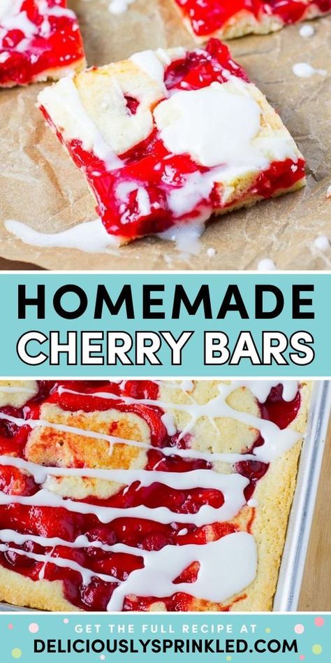 Always a yummy summer dessert! Everyone will love these easy cherry pie bars. With a pretty red color and delicious flavor from a cherry pie filling, this dessert bar recipe is a perfect 4th of July sweet! Pin this for later! Cherry Dream Bars, Kabasa Recipes, Dole Recipes, Cherry Pie Bars, Cherry Bars, Sandwhich Recipes, Dream Bars, Drumstick Recipes, Cherry Desserts