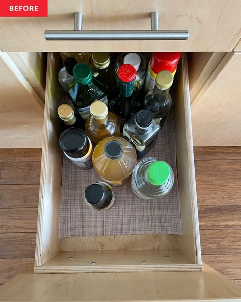 B&A: Small Kitchen Organizing Makeover for Under $1,000 | Apartment Therapy Oil Storage Kitchen, Vinegar Storage, Oil And Vinegar Bottles, Pro Organizer, Spice Drawer, Small Kitchen Organization, Small Town Life, Small Space Organization, Kitchen Drawer