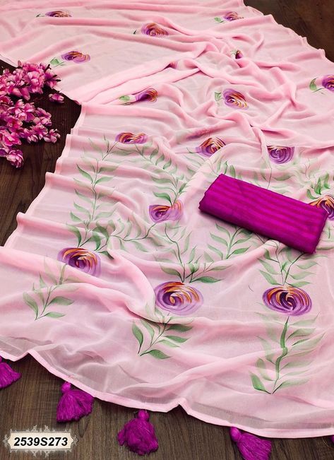 PINK Georgette Desihner saree Saree Casual, Lace Border Saree, House Warming Party, Matching Jewellery, Casual Festival, Simple Sarees, Stylish Sarees, Pink Design, Bollywood Saree