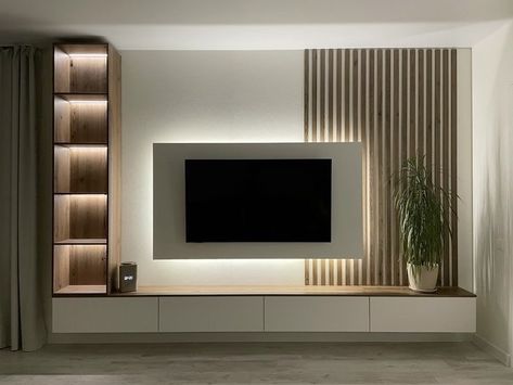 Tv Room Entertainment Center, Television Room Ideas, Modern Living Tv Wall, Television Unit Design Modern, T V Wall Design Modern, Small Area Tv Unit Design, Backlit Tv Wall, Tv Wall Design Room, Hidden Door Tv Wall