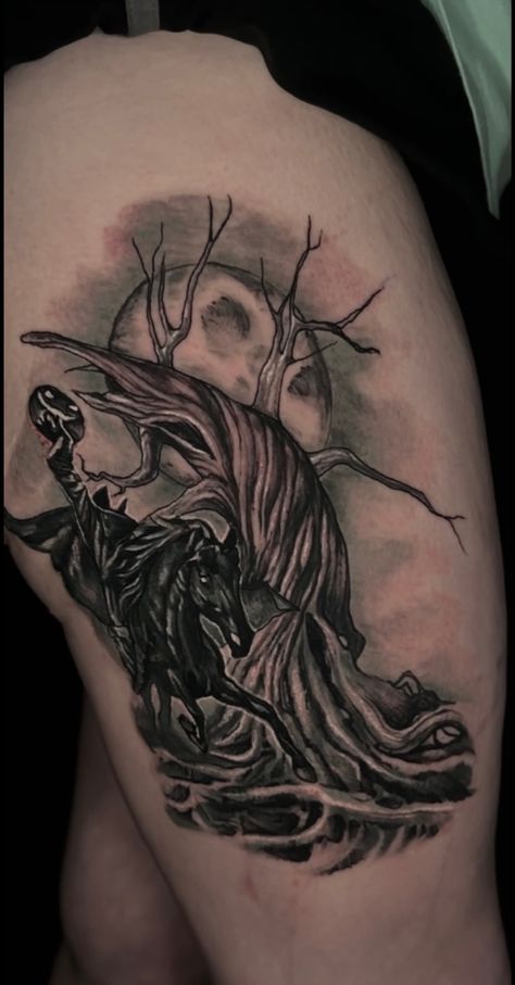 Sleepy Hollow Tree Tattoo, Sleepy Hollow Tattoo, Sleepy Hollow Tattoo Tim Burton, Sleepy Hallow Tattoo, Gothic Tree Tattoo, Headless Horseman Tattoo Design, The Halloween Tree Tattoo, Headless Horseman Tattoo, Creepy Horse Tattoo