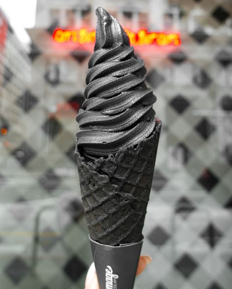 Little Damage Ice Cream Shop🍦 on Instagram: “Black Salted Caramel looking like a beauty served on a fresh charcoal waffle cone. 😍 Did you know we prepare our soft serve daily in small…” Charcoal Ice Cream, Black Ice Cream, Food Flatlay, Coffee Caramel, Waffle Cone, Black Everything, Caramel Coffee, Waffle Cones, Black Ice