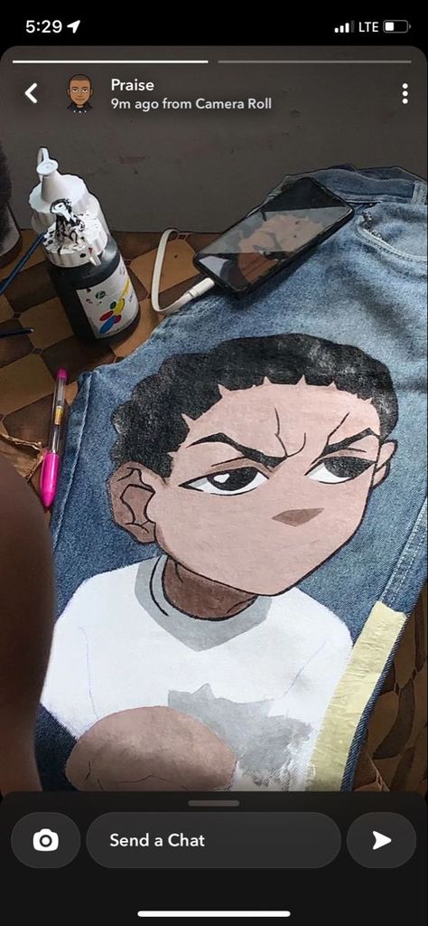 still on the grind 🧪🔥 Custom Jeans Diy Paint, Boondocks Painting, Custom Denim Jeans, Jean Painting, Stack Jeans, Boondocks Drawings, Custom Jeans Diy, Custom Jean Jacket, Diy Jeans