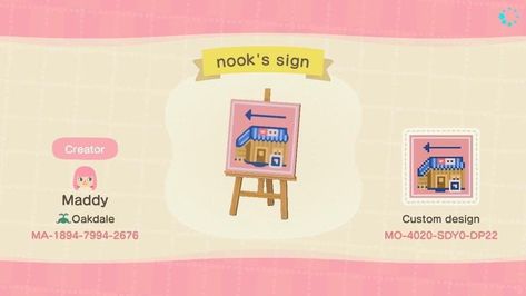 Animal Crossing Nook’s Cranny Sign Design Nooks Cranny, Motif Acnl, Animal Crossing 3ds, Crossing Sign, Acnh Design, Acnh Designs, Animal Crossing Qr Codes Clothes, Acnh Codes, Qr Codes Animal Crossing