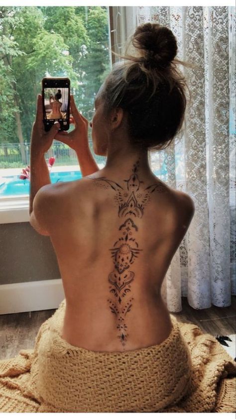 Spine And Neck Tattoo, Angel Spine Tattoos For Women, Full Length Spine Tattoo, Back Henna Tattoo Spine, Neck And Spine Tattoos For Women, Hawaiian Spine Tattoos For Women, Boho Spine Tattoo, Top Of Spine Tattoo, Divine Feminine Spine Tattoo