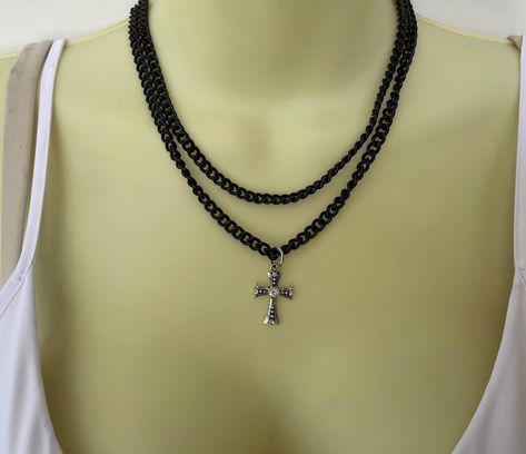 Without a doubt, this necklace is going to gather compliment after compliment for you! The double chain necklace includes 2 black chunky chains holding a small rhinestone cross. The cross has tons of sparkle and charm that I super love! The cross is crusted with rhinestones for the shimmer and shine you need, while the black chains give you a depth and character! I have other necklaces in similar styles, both choker length like this as well as longer chains - look for them in the shop! Measures Chain Cross Necklace, Chain Outfit, Double Chain Necklace, Double Black, Chocker Necklace, Rhinestone Cross, Shimmer And Shine, Jewelry Lookbook, Double Chain