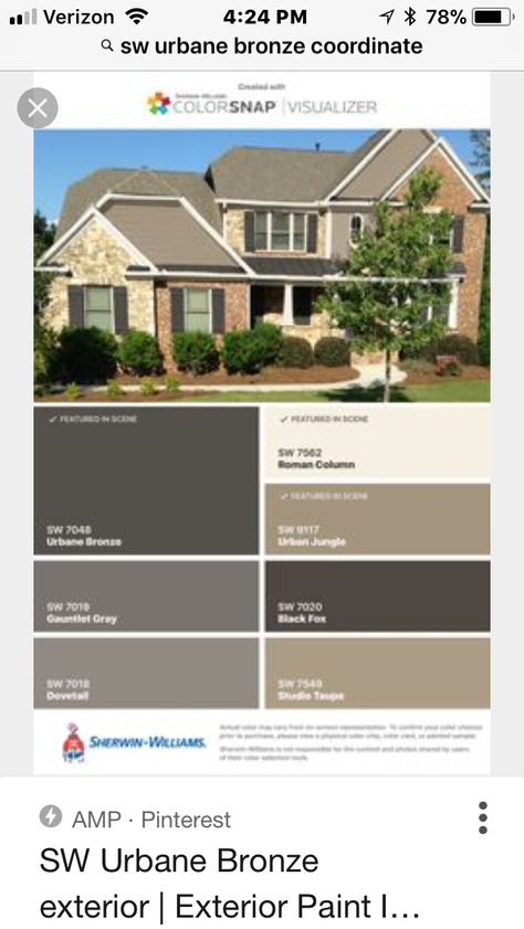 Dark Brown Shutters On Tan House, Urban Bronze Front Door And Shutters, Urban Bronze Shutters Exterior Houses, Urban Bronze Trim Exterior Colors, Urban Bronze Shutters, Urban Bronze Garage Door, Urbane Bronze Shutters, Urban Bronze Exterior House, Taupe Exterior