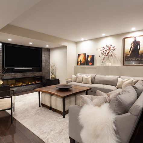 75 Basement Ideas You'll Love - January, 2024 | Houzz Basement Entertainment Room Ideas, Basement Tv Room, Basement Tv Rooms, Transitional Basement, Basement Lounge, Tv Room Ideas, Basement Designs, Basement Remodel Ideas, Tv Rooms