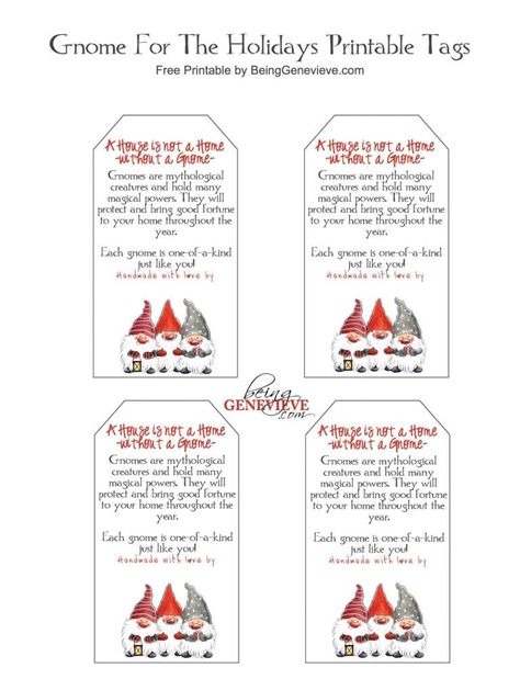 Free Printable Gnome Tags | Mama Moose Gnome Tags, Gnomes Garden, Gnome Crafts, Christmas Gift Tags Free, Gnome Art, Handmade Gnomes, Folk Lore, Gnome For The Holidays, Holiday Gnomes