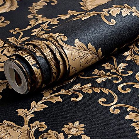 QIHANG Vintage Classic Black&Copper French Modern Damask Feature Wallpaper Wall Paper Roll for Living Room Bedroom Tv Backdrop 0.53m*10m=5.3M2, Wallpaper - Amazon Canada Gold Damask Wallpaper, Medallion Wallpaper, Wallpaper For Wall, Embossed Wallpaper, Gold Luxury, How To Install Wallpaper, Luxury Wallpaper, Damask Wallpaper, Pvc Wall