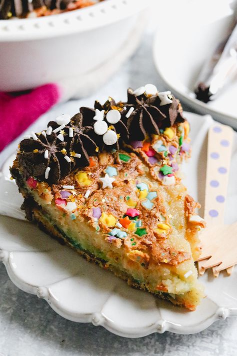 Birthday Cake Pie Recipe, Birthday Cake Pie, Erin Mcdowell, Cookie Crumb Crust, Birthday Pie, Birthday Pies, Easy Custard, Crumb Crust, Chocolate Whipped Cream