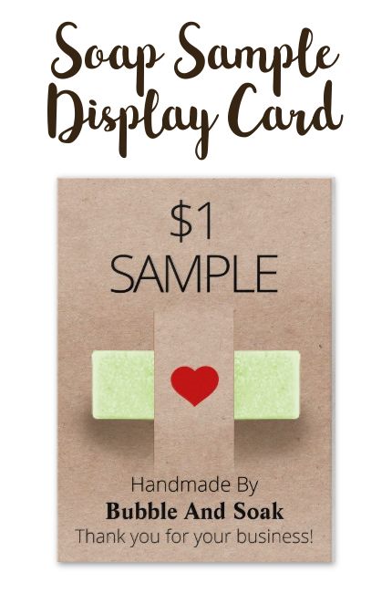 This kraft display card for your soap is an excellent and cost effective way to promote your handmade soap at a fare or market. To use this card, cut the two vertical lines in the middle of the card with a blade and thread a small, rectangular cut of one of your soaps through. The design is section a kraft background and you can easily edit your own details in by clicking "personalize". Soap Samples Ideas, Soap Selling Display, Soap Sample Packaging Ideas, Soap Display Ideas, Diy Soap Display, Soap Booth, Soap Packaging Diy, Soap Samples, Sample Display