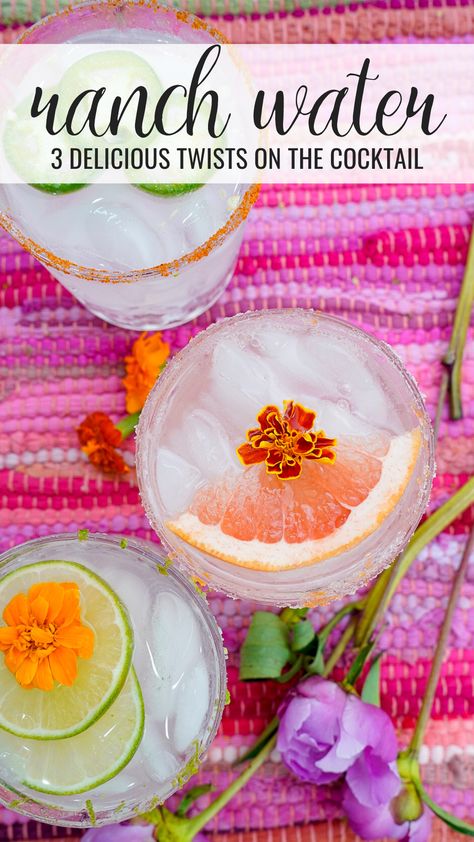 Three Texas Ranch Water Tequila Cocktails on a pink table. Texas Ranch Water, Tequila Cocktails Easy, Ranch Water Cocktail, Texas Cocktails, Ranch Water Recipe, Ranch Water, Craft Cocktail Recipe, Low Carb Cocktails, Tequila Cocktail