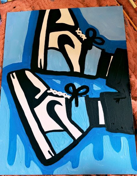 A trendy painting of High Top Air Jordan's. Would look super cute in any room!! Hand drawn and homemade. Super drippy Nike Painting Canvas, Shoe Painting On Canvas, Air Jordan Painting, Cartoon Canvas Painting Ideas, Thing To Paint On Canvas, Gandhiji Sketch, Painting Ideas For Men, High Paint Ideas Trippy, Collage Painting Ideas