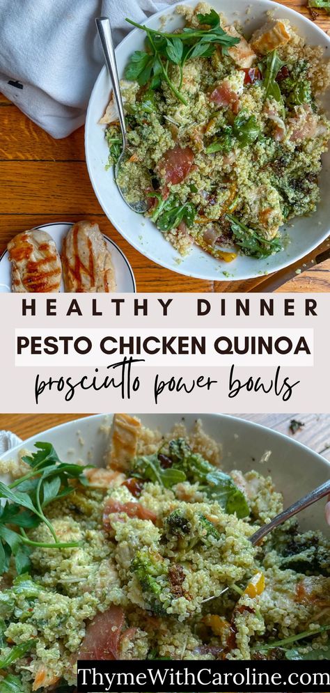 This Pesto Chicken Quinoa Bowl is a delicious recipe with fresh pesto sauce, grilled chicken, peppers, broccoli, arugula and prosciutto. A summer lunch recipe or dinner recipe that can be made in 45 minutes or less, this meal can feed at least 6 and it's a great meal prep option for the week ahead. Chicken Pesto Quinoa, Pesto Chicken Quinoa Bowl, Chicken Quinoa Bowl, Pesto Quinoa, Summer Lunch Recipes, Chicken Peppers, Healthy Pesto, Chicken Pesto Recipes, Chicken Quinoa