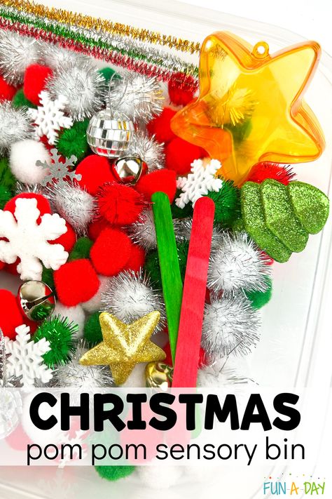 A dry, soft, sparkly sensory bin perfect for Christmas sensory play with preschool, pre-k, and kindergarten kids this holiday season. They can explore math, fine motor, and sensory skills as they play. Click on the Fun-A-Day.com link for more information. Christmas Sensory Bags For Toddlers, Christmas Rice Sensory Bin, Christmas Theme Sensory Bin, Pom Pom Sensory Bin, Sensory Bins Christmas, Christmas Sensory For Toddlers, Preschool Christmas Sensory Bin, Christmas Sensory Bin Toddlers, New Year Sensory Play