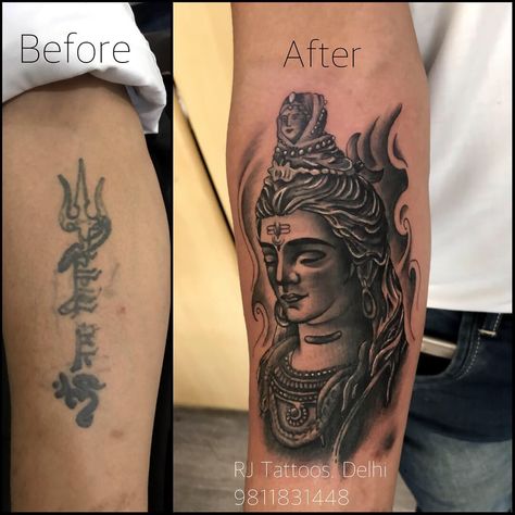 Lord shiva, Coverup tattoo by rjtattoos, ravinder rana Lord Shiva Cover Up Tattoo, Shiva Cover Up Tattoo, Small Coverup Tattoo, Tattoo Font For Men, Mahadev Tattoo, Atlas Tattoo, Coverup Tattoo, Band Tattoo Designs, Shiva Tattoo Design