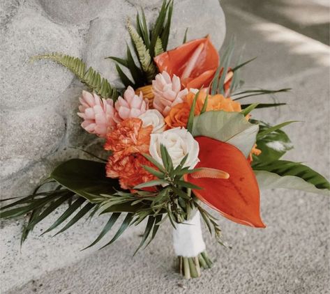 What we will do need to order:   Bridal Party:  	◦	1 bride bouquet + 6 bridesmaids: Want topical colors of greens, pinks, and oranges. 	◦	1  pikake back lei for bride  	◦	4  leis for moms and grandmas- crown flowers? Pikake? Ginger leis? Orchid leis?  	◦	1 Lei for flower girl ￼ ￼ ￼ ￼ ￼ ￼ ￼ ￼ ￼ ￼ ￼ ￼ ￼ ￼ Groomsman Party:  	◦	7 maile leis- single strand (groomsman, officiant, MC)  	◦	3 maile leis- single strand. For dads and grandpa  	◦	3 keiki tileaf leis  	◦	1 maile lei single strand wrapped in flowers matching bride for groom  Tileaf vs Maile. Tileaf can sometimes stain but is cheaper. Maile more expensive and smells better than Tileaf . Maybe just for groom?  ￼ ￼  ￼  ￼  Floral Altar/ Grounded Altar  	◦	I want a couple of floral pieces that can be used as our altar and then moved to be de Outside Wedding Reception Ideas, Hawaiin Wedding, 6 Bridesmaids, Maile Lei, Tropical Bridal Bouquet, Tropical Wedding Bouquets, Tropical Bouquet, Tropical Wedding Theme, Wedding Outside