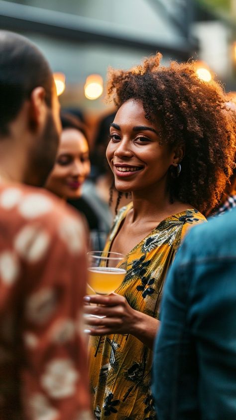 Friendly Social Gathering: A young woman enjoys a conversational moment with friends at a vibrant outdoor social event. #woman #gathering #friends #conversation #outdoor #party #social #event #aiart #aiphoto #stockcake https://ayr.app/l/4h4m Event Aesthetic People, Black Networking Event, Reconnecting With Friends, Corporate Event Photography Ideas, Networking Event Photography, Women Networking Event, Night Club Photography, People At A Party, Event Moodboard