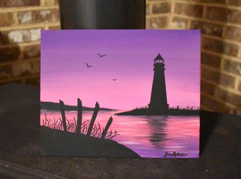 Lighthouse Silhouette Painting, Lighthouse Painting Acrylic Easy, Silouhette Painting Ideas, Lighthouse Canvas Painting, Siloette Ideas Painting, Lighthouse Painting Easy, Easy Silhouette Paintings, Silhouette Painting Acrylic, Silhouette Painting Ideas