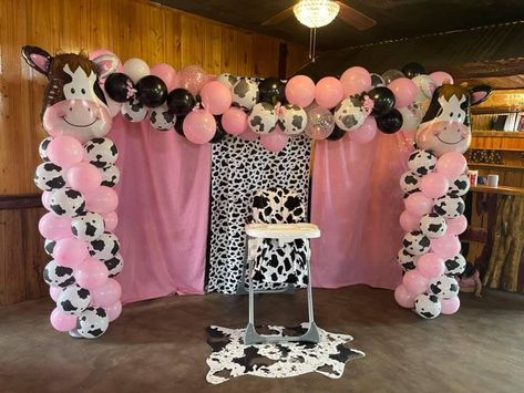 Cow Themed First Birthday Photoshoot, Cow Party Backdrop, Cow Themed Birthday Party Backdrop, Cow Print Backdrop, Cow Themed Birthday Backdrop, Pink Cow Balloon Arch, Girl Baby Shower Cow Theme, Holy Cow Im One Birthday Girl, Cow Babyshower For Girl