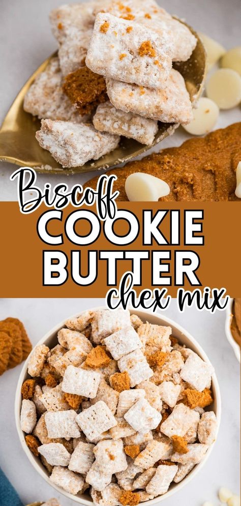 Looking for a twist on classic muddy buddies? These Biscoff Cookie Butter Muddy Buddies swap out the peanut butter for creamy cookie butter, creating a perfectly sweet snack that's impossible to resist. With that signature caramelized Biscoff flavor coating every piece of Chex cereal, this easy no-bake treat comes together in just 30 minutes! Snickerdoodle Muddy Buddies, Cookie Butter Muddy Buddies, Biscoff Muddy Buddies, Cookie Butter Recipes Snacks, Flavored Puppy Chow, Holiday Party Snacks Christmas, Peanut Butter Chex Mix Recipes, Peanut Butter Chex Mix, Peanut Butter Ideas