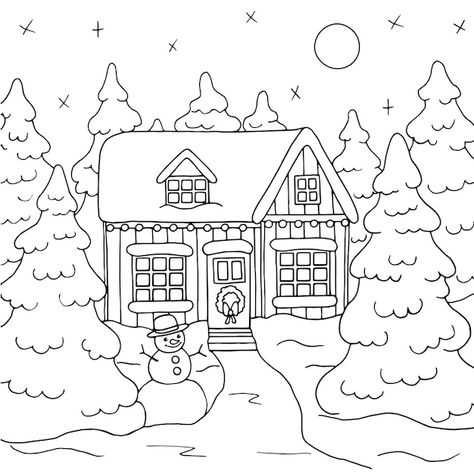 Casa de navidad en el bosque de invierno... | Premium Vector #Freepik #vector #paisajes-colorear #paisaje-navideno #paisaje-invierno #nieve Free Christmas Coloring Pages, House Colouring Pages, Love Coloring Pages, Candy House, Free Coloring Sheets, Christmas Village Houses, Christmas Card Art, Art Carte, Easy Coloring Pages