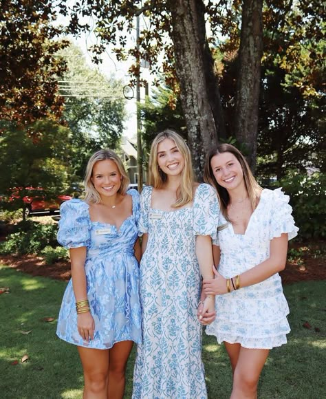 Recruitment Dresses Sorority, Love Shack Fancy Aesthetic Outfit, Blue Recruitment Dresses, Sorority Party Outfits, Rush Open House Outfits, Rush Philanthropy Day Outfit, Rush Week Outfits Philanthropy, Unc Game Day Outfit, Sorority Tea Party